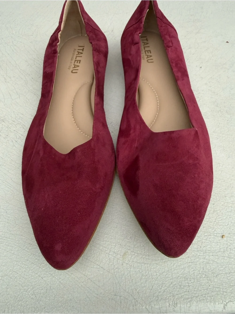 Italeau Mara Handmade Flat Dress Shoe Suede Burgundy Almond Toe US 12 EU 44